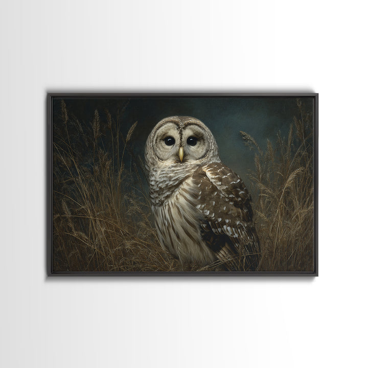 Owl Perched in Moonlit Woodland Framed Canvas Print, Wildlife Art, Modern Art, Living Room Decor, Oil Painting, Wild, WIL-3x2-40