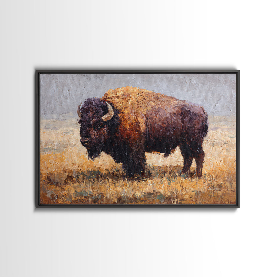 Bison on Wide Western Prairie Framed Canvas Print, Wildlife Art, Digital Download Art, Living Room Decor, Watercolor Art, Wild, WIL-3x2-41