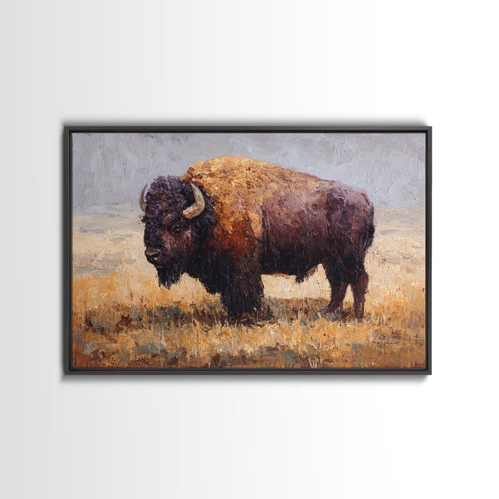 Bison on Wide Western Prairie Framed Canvas Print, Wildlife Art, Digital Download Art, Living Room Decor, Watercolor Art, Wild, WIL-3x2-41
