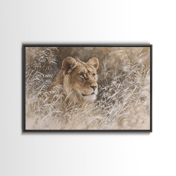 Lion Emerging from Golden Savanna Grass Framed Canvas Print, Wildlife Art, Modern Art, Living Room Decor, Fine Art, Wild, WIL-3x2-5