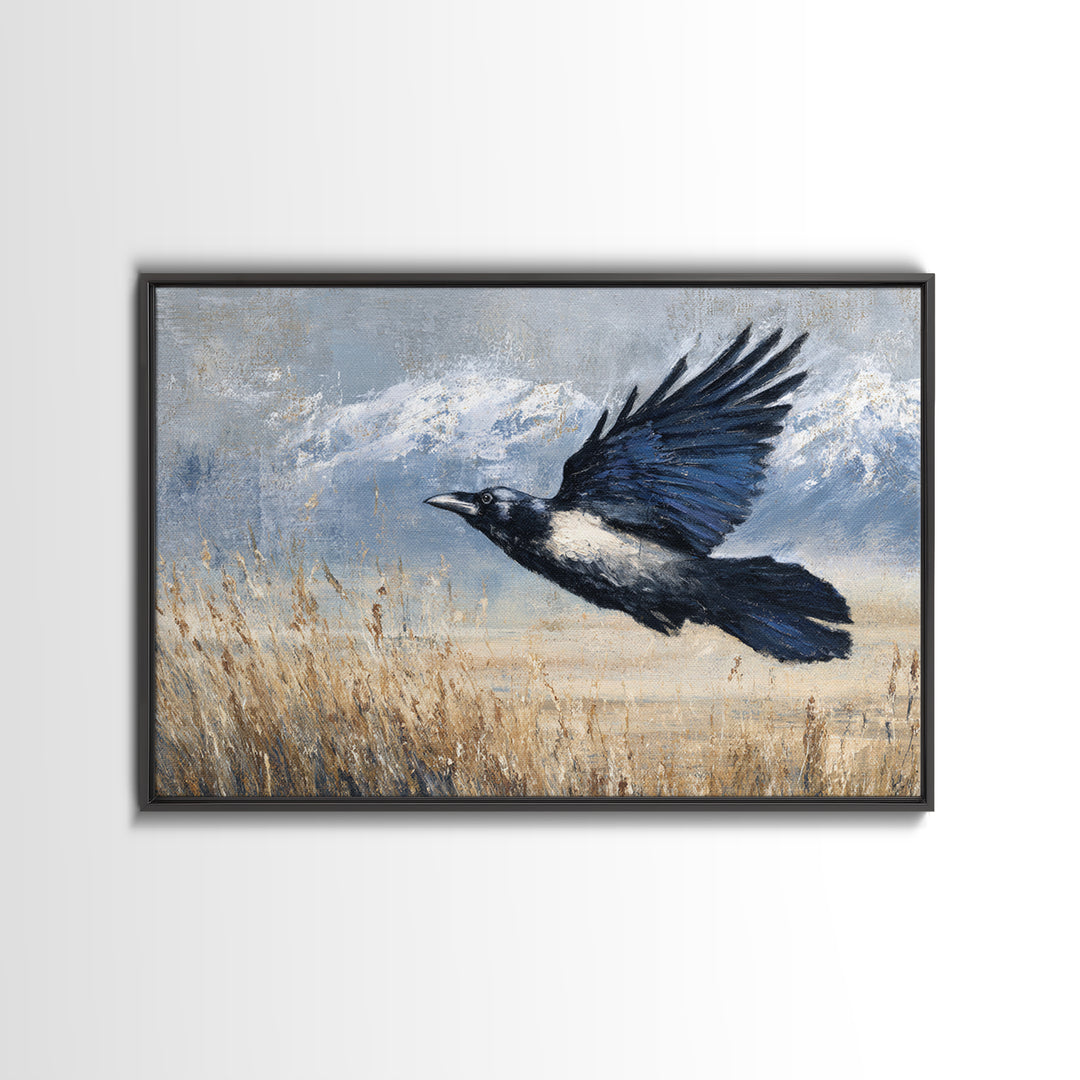 Raven Flying Through Snowy Mountains Canvas Print, Wildlife Art, Living Room Wall Art, Living Room Decor, Fine Art, Wild, WIL-3x2-52