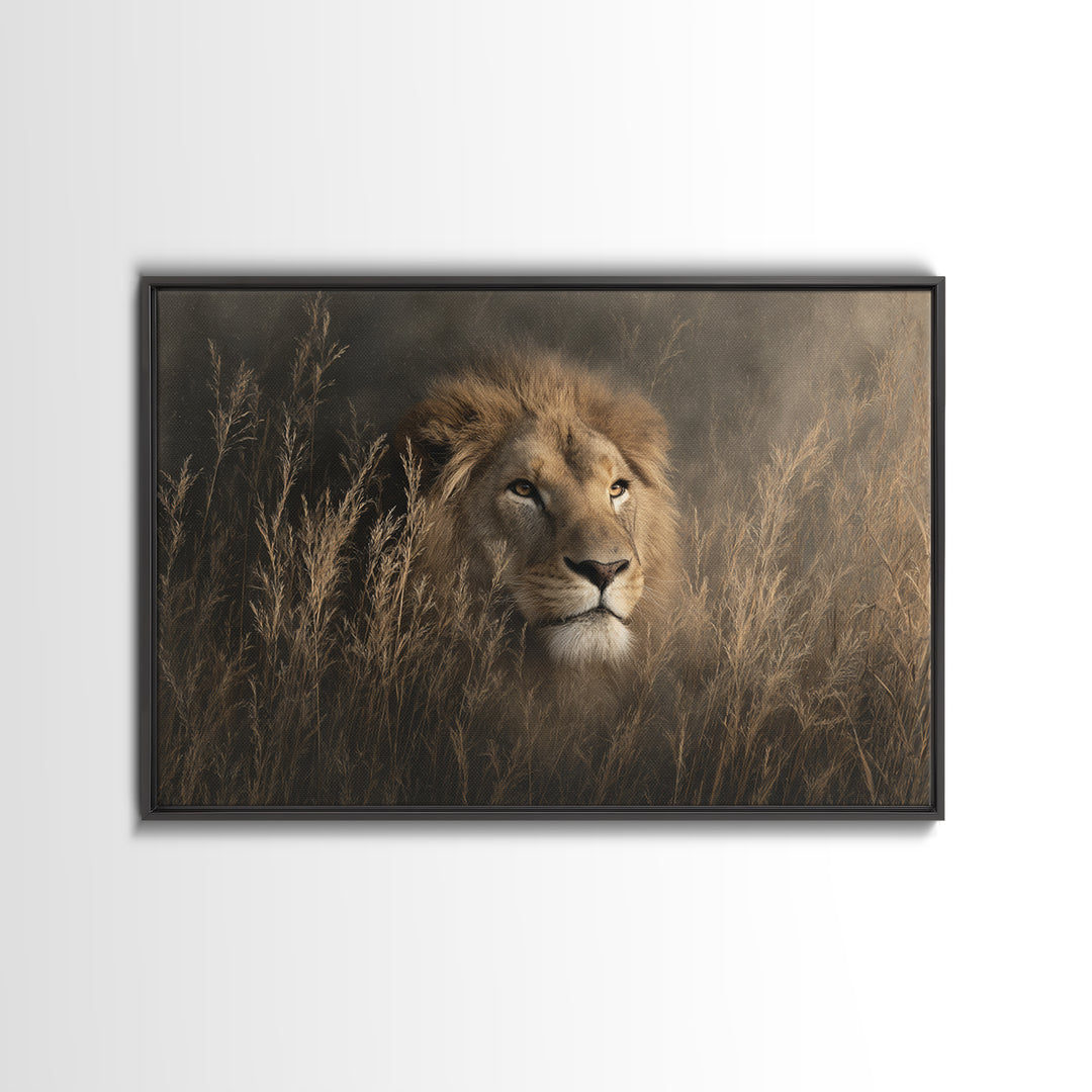 Lion Emerging from Golden Savanna Grass Canvas Print, Wildlife Art, Bird Wall Art, Living Room Decor, Fine Art, Wild, WIL-3x2-53