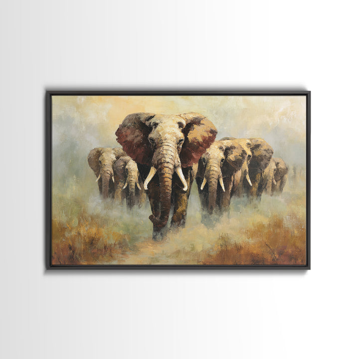 Elephant Herd Walking Through Dusty Sunset Canvas Print, Wildlife Art, Living Room Wall Art, Living Room Decor, Fine Art, Wild, WIL-3x2-54