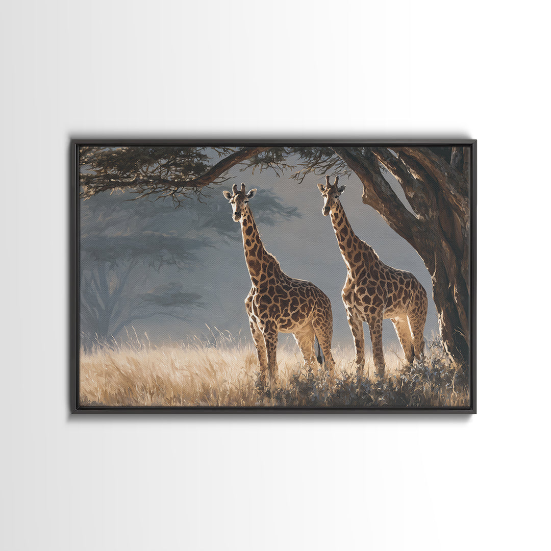Giraffe Pair under Acacia Tree Framed Canvas Print, Wildlife Art, Living Room Decor, Oil Painting, Wild, Digital Wall Art, WIL-3x2-59