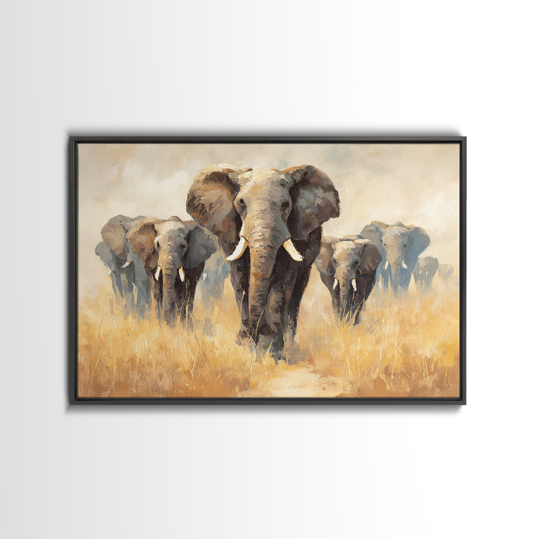 Elephant Herd Walking Through Dusty Sunset Framed Canvas Print, Wildlife Art, Living Room Decor, Wild, Living Room Art, WIL-3x2-6
