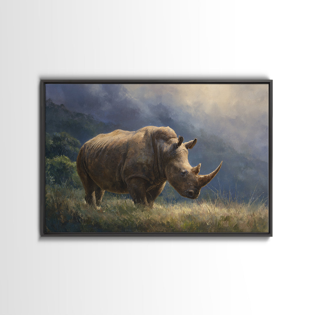 Rhino in Dramatic Stormy Light Framed Canvas Print, Wildlife Art, Original Artwork, Living Room Decor, Fine Art, Wild, WIL-3x2-60