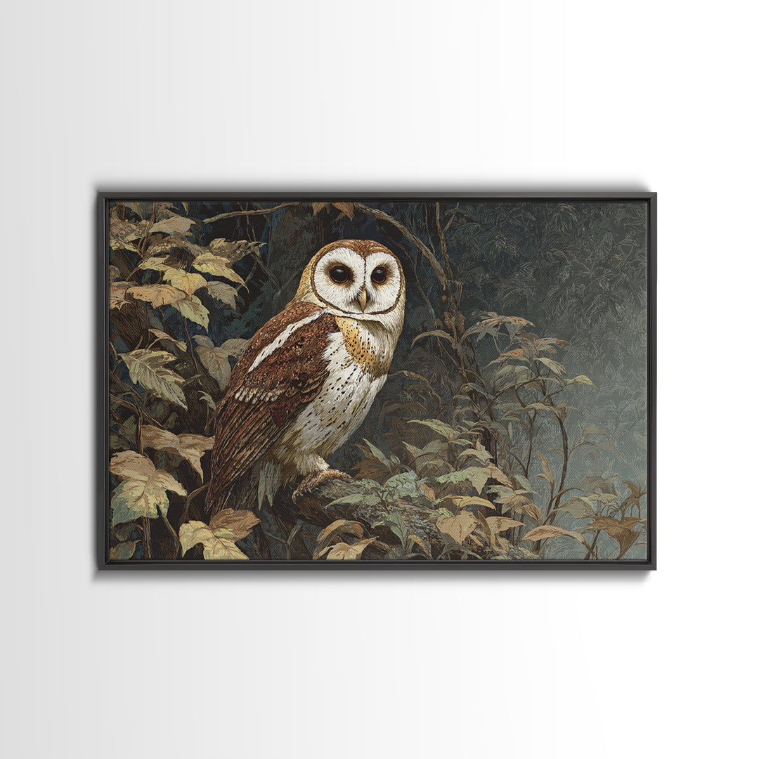 Owl Perched in Moonlit Woodland Framed Canvas Print, Wildlife Art, Gallery Decor, Living Room Decor, Abstract Art, Wild, WIL-3x2-64