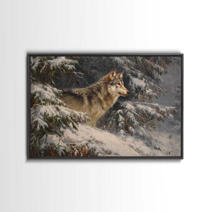 Wolf Standing Beneath Snowy Pine Trees Framed Canvas Print, Wildlife Art, Home Decor, Living Room Decor, Abstract Art, Wild, WIL-3x2-7