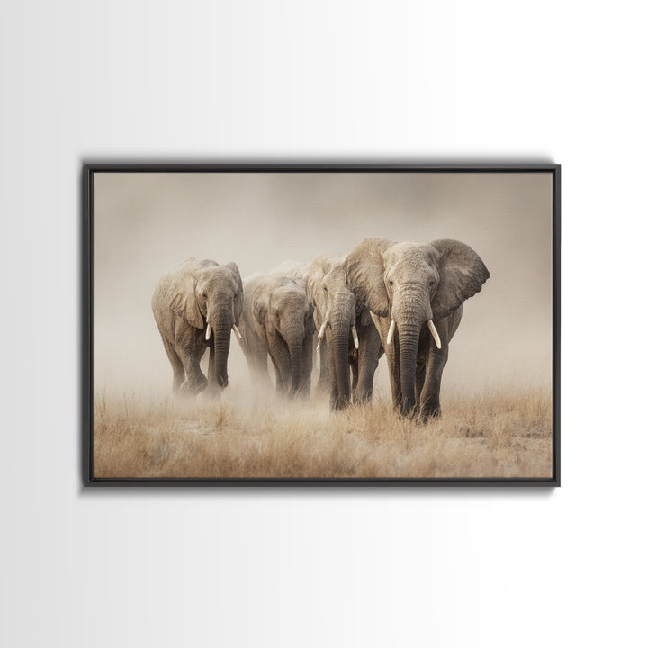 Elephant Herd Walking Through Dusty Sunset Framed Canvas Print, Wildlife Art, Digital Download Art, Living Room Decor, Wild, WIL-3x2-78