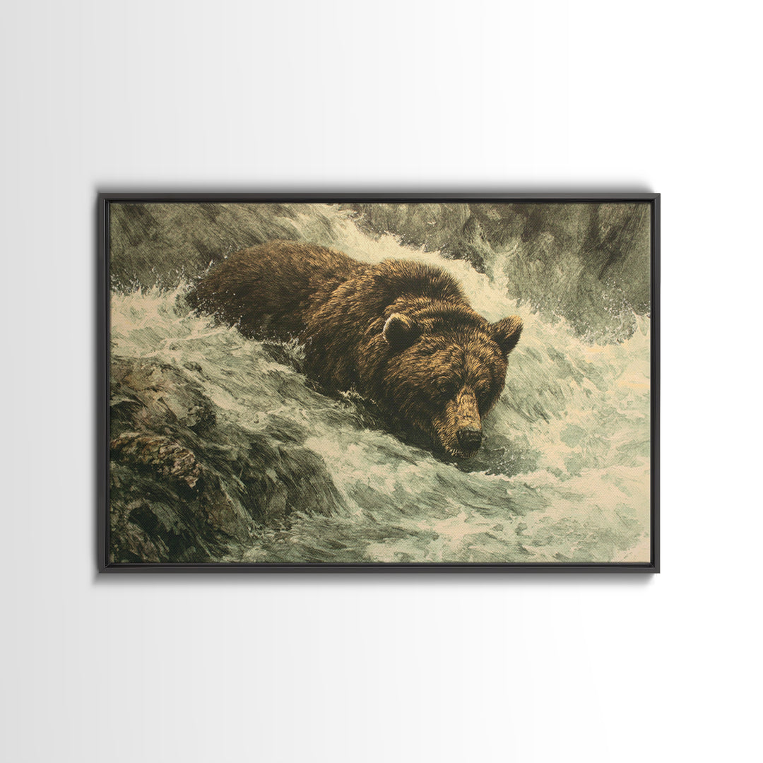 Bear Fishing in Rushing Mountain River Framed Canvas Print, Wildlife Art, Wall Art Print, Living Room Decor, Fine Art, Wild, WIL-3x2-8