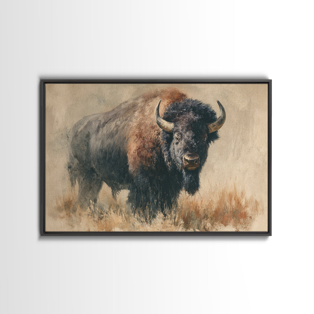 Bison on Wide Western Prairie Canvas Print, Wildlife Art, Forest Wall Art, Living Room Decor, Oil Painting, Wild, WIL-3x2-89