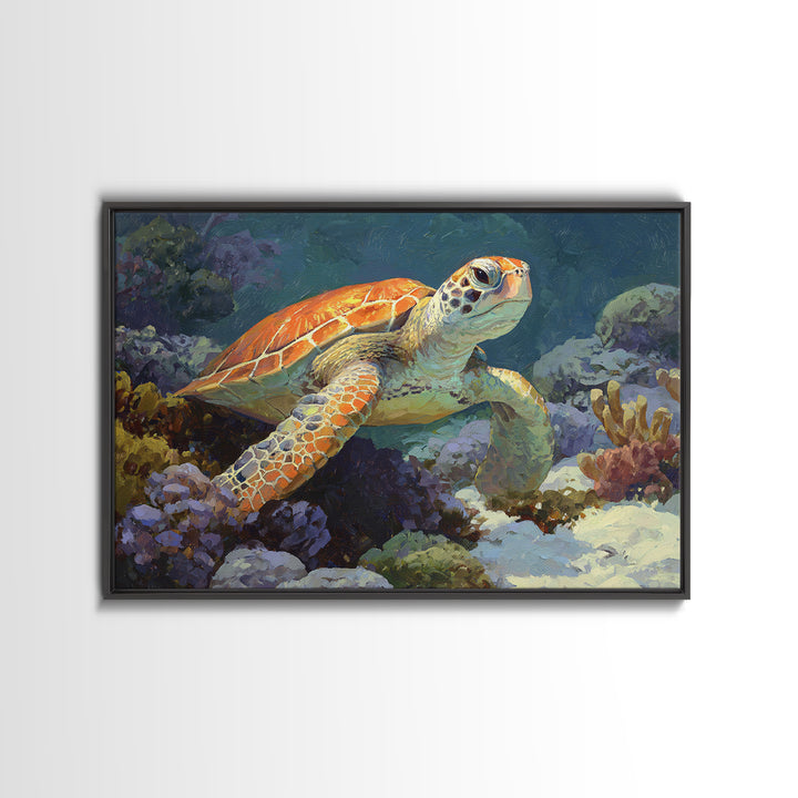 Sea Turtle over Coral Reef Canvas Print, Wildlife Art, Landscape Art, Living Room Decor, Abstract Art, Wild, Modern Decor, WIL-3x2-94