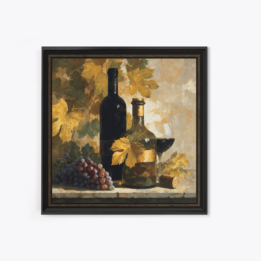 Black and Gold Wine Bottle Silhouette Framed Canvas Print, Winery Art, Kitchen Art, Winery Decor, Watercolor Art, Vineyard, WIN-1x1-16