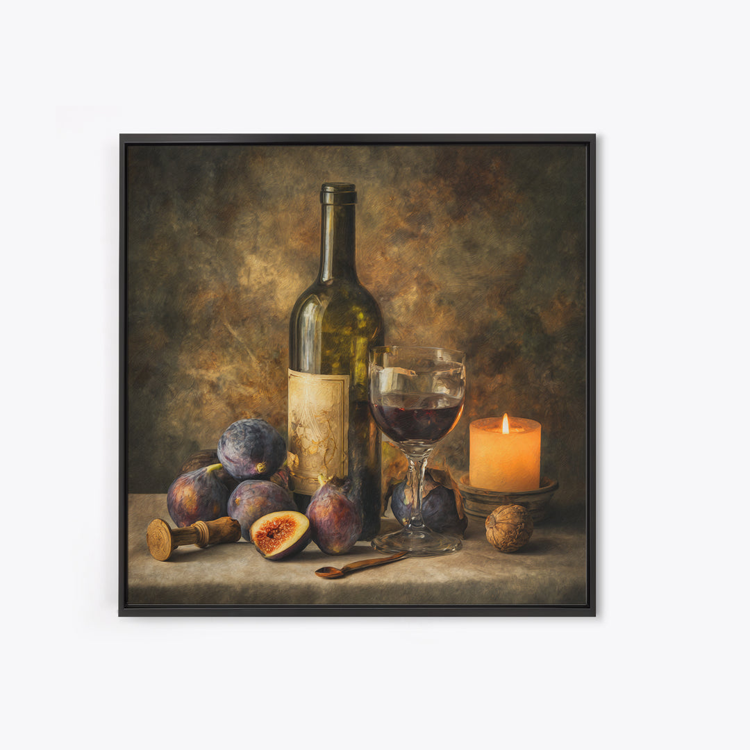 Wine Bottle and Glass Still Life Framed Canvas Print, Winery Art, Preppy Wall Art, Winery Decor, Vineyard, Statement Artwork, WIN-1x1-2