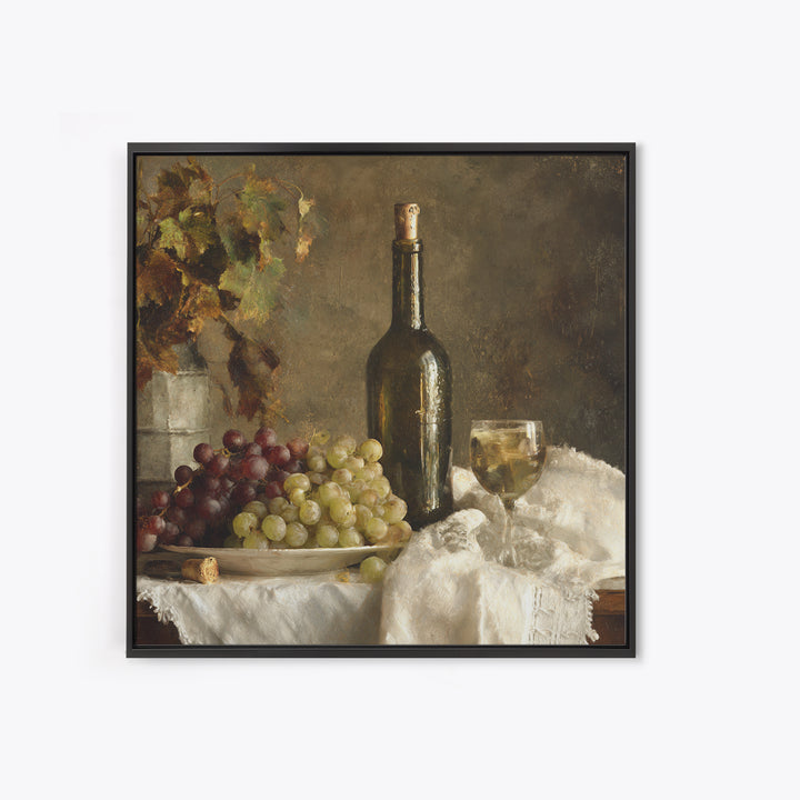 Champagne Grapes and White Linen Still Life Framed Canvas Print, Winery Art, Winery Decor, Abstract Art, Vineyard, WIN-1x1-29