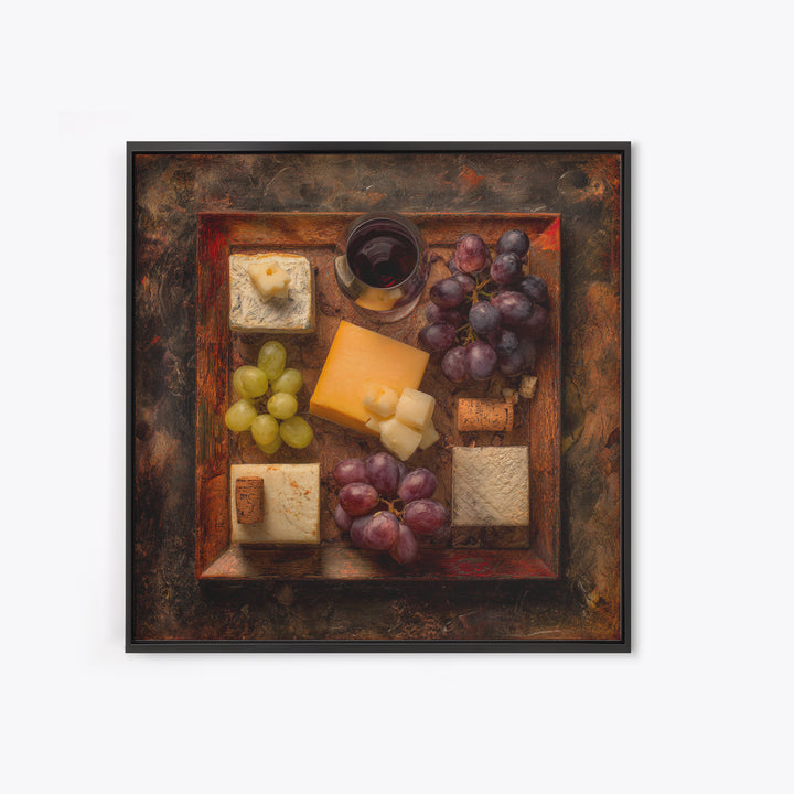 Charcuterie Board with Grapes and Cheese Framed Canvas Print, Winery Art, Boho Decor, Winery Decor, Oil Painting, Vineyard, WIN-1x1-37