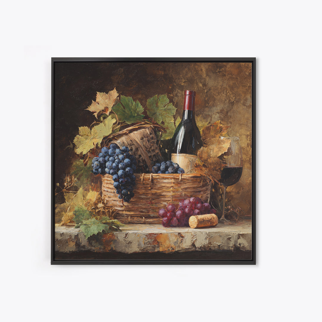 Wine Harvest Basket Framed Canvas Print, Winery Art, Bar Art, Winery Decor, Fine Art, Vineyard, Textured Painting, WIN-1x1-46