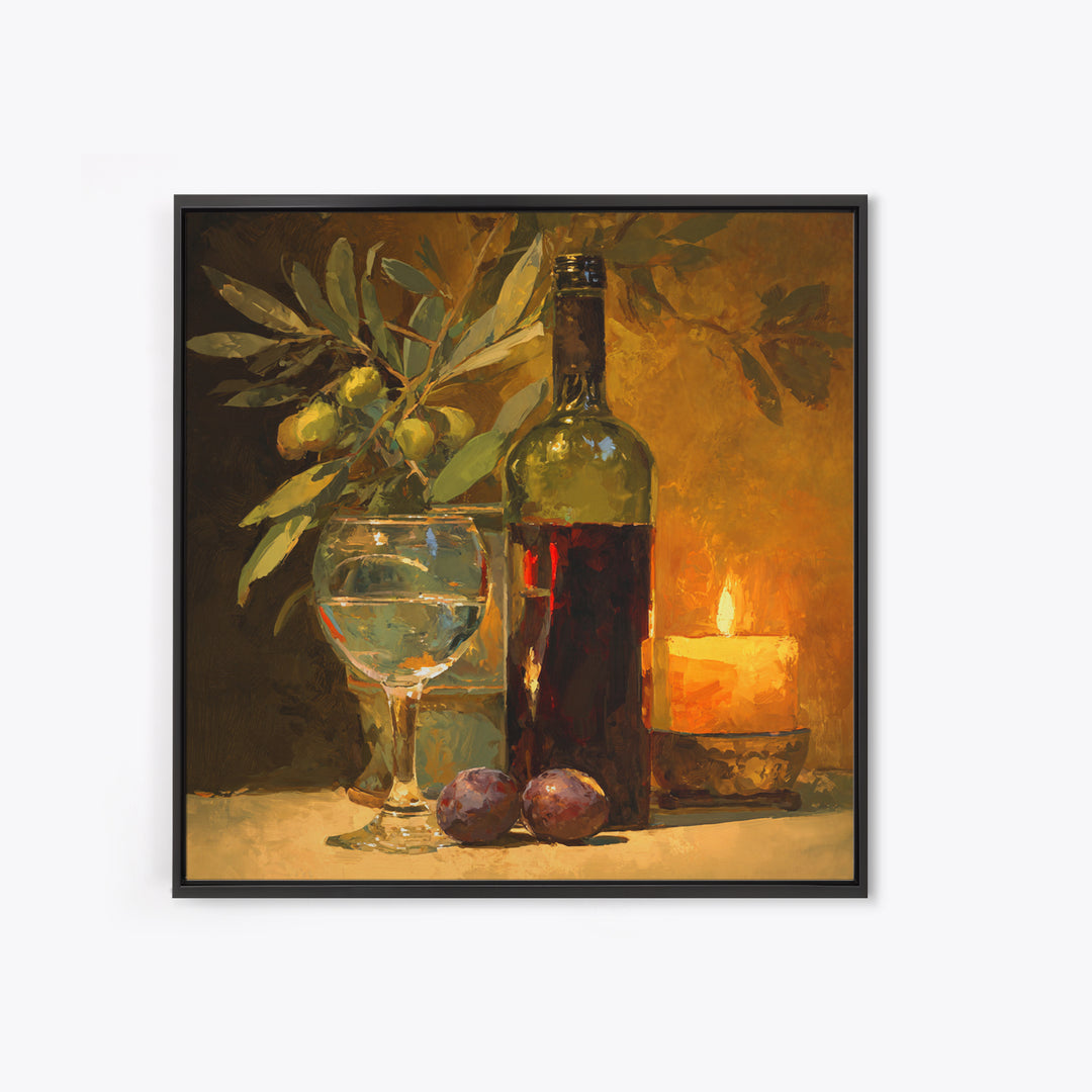 Olive Branch and Wine Glass Mediterranean Still Framed Canvas Print, Winery Art, Winery Decor, Oil Painting, Vineyard, WIN-1x1-48