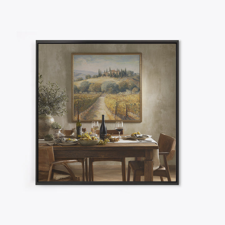 Tuscan Vineyard at Golden Hour Framed Canvas Print, Winery Art, Travel Poster, Winery Decor, Oil Painting, Vineyard, WIN-1x1-51