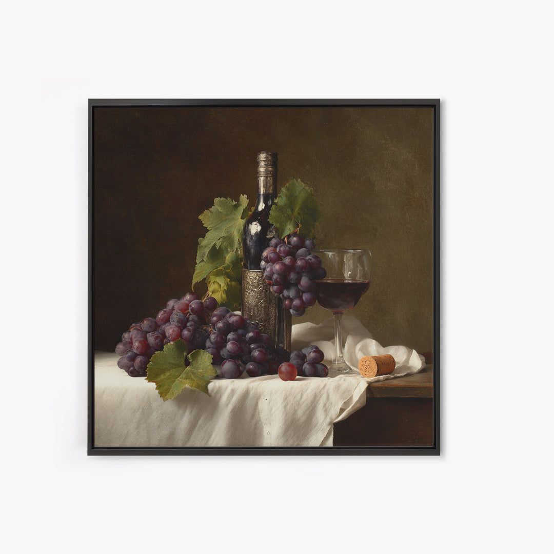 Champagne Grapes and White Linen Still Life Framed Canvas Print, Winery Art, Winery Decor, Abstract Art, Vineyard, WIN-1x1-53