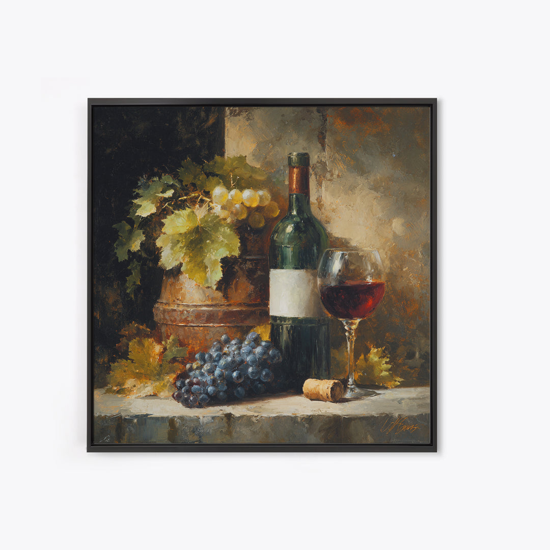 Olive Branch and Wine Glass Mediterranean Still Framed Canvas Print, Winery Art, Landscape Art, Winery Decor, Vineyard, WIN-1x1-72
