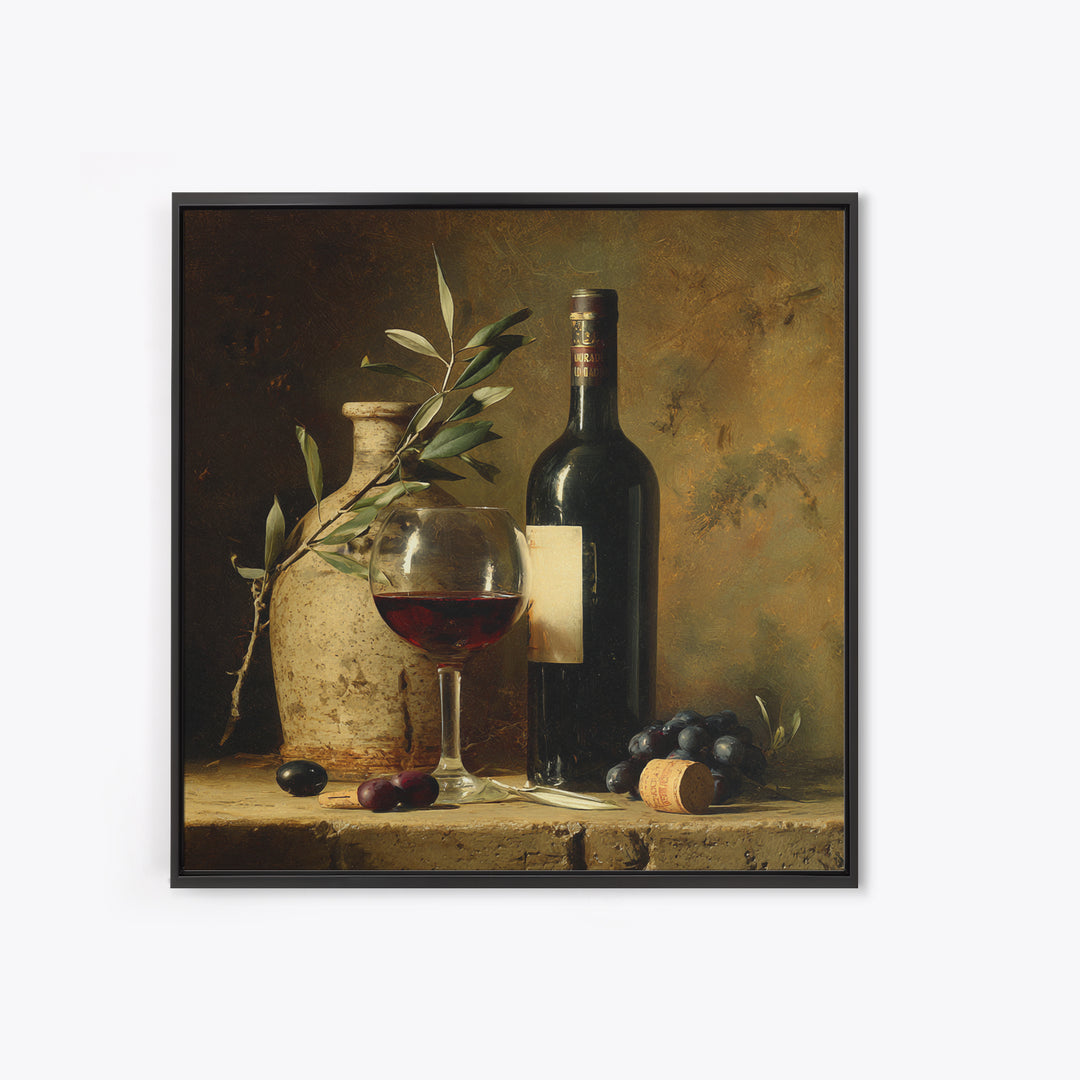 Olive Branch and Wine Glass Mediterranean Still Framed Canvas Print, Winery Art, Print, Winery Decor, Fine Art, Vineyard, WIN-1x1-96