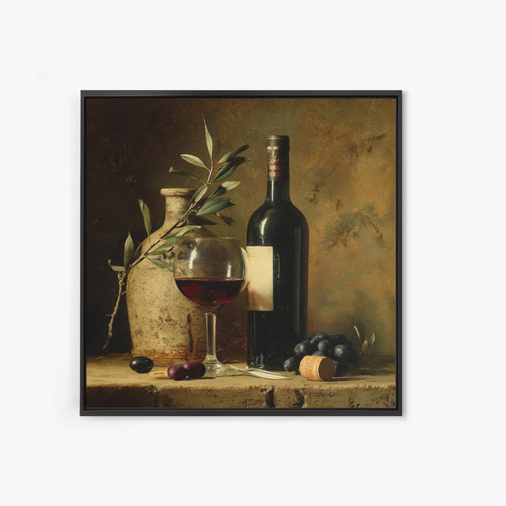 Olive Branch and Wine Glass Mediterranean Still Framed Canvas Print, Winery Art, Print, Winery Decor, Fine Art, Vineyard, WIN-1x1-96