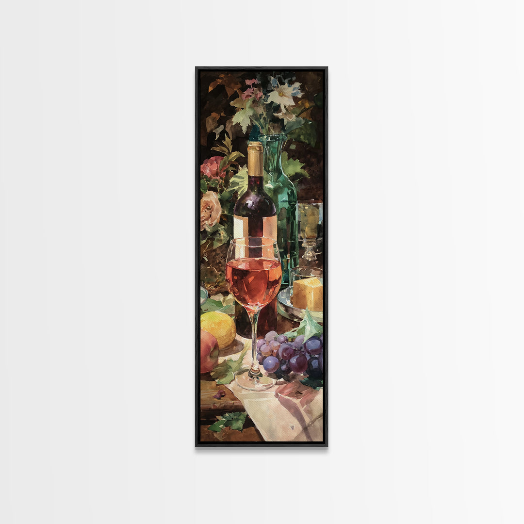 Ros Glass Beside Summer Flowers Canvas Print, Winery Art, Living Room Art, Winery Decor, Watercolor Art, Vineyard, WIN-1x3-2