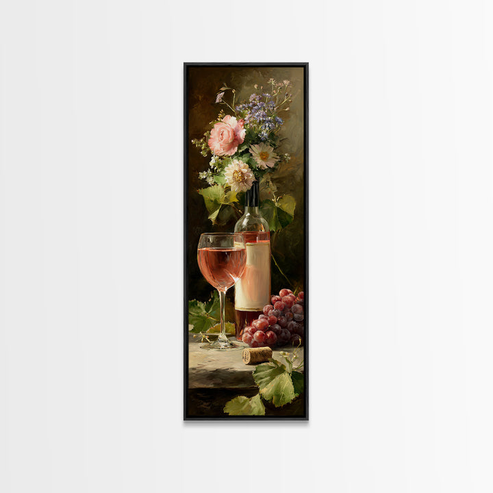 Ros Glass Beside Summer Flowers Canvas Print, Winery Art, Living Room Art, Winery Decor, Watercolor Art, Vineyard, WIN-1x3-26