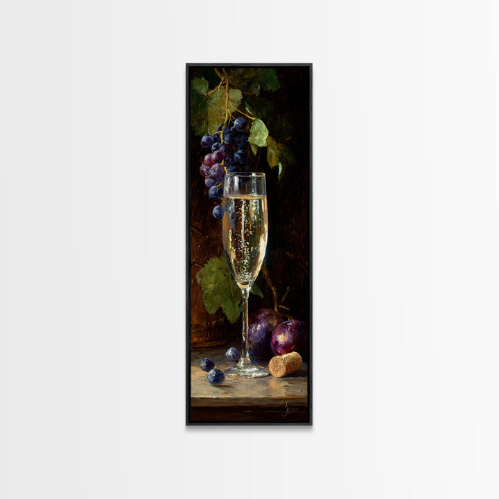 Champagne Coupe with Bubbles and Light Framed Canvas Print, Winery Art, Kitchen Art, Winery Decor, Watercolor Art, Vineyard, WIN-1x3-31