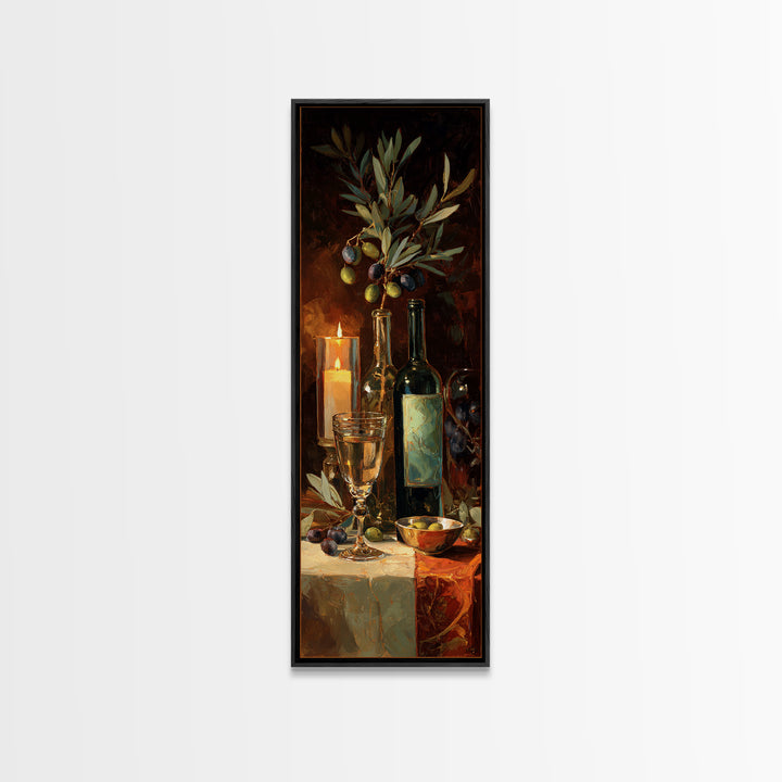 Olive Branch and Wine Glass Mediterranean Still Framed Canvas Print, Winery Art, Print, Winery Decor, Fine Art, Vineyard, WIN-1x3-36
