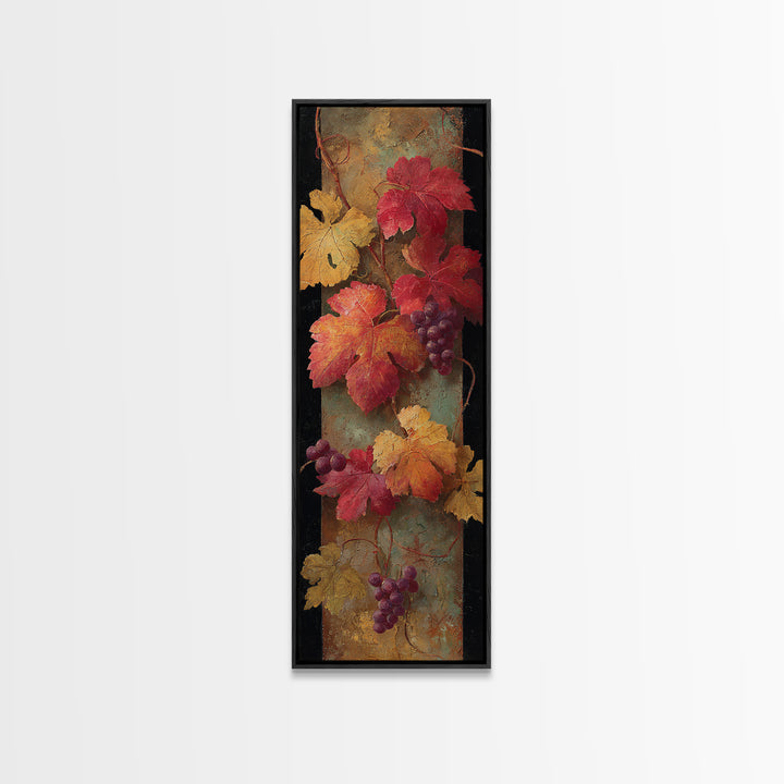Vine Leaves Turning Autumn Red and Gold Framed Canvas Print, Winery Art, Watercolor Painting, Winery Decor, Fine Art, Vineyard, WIN-1x3-47