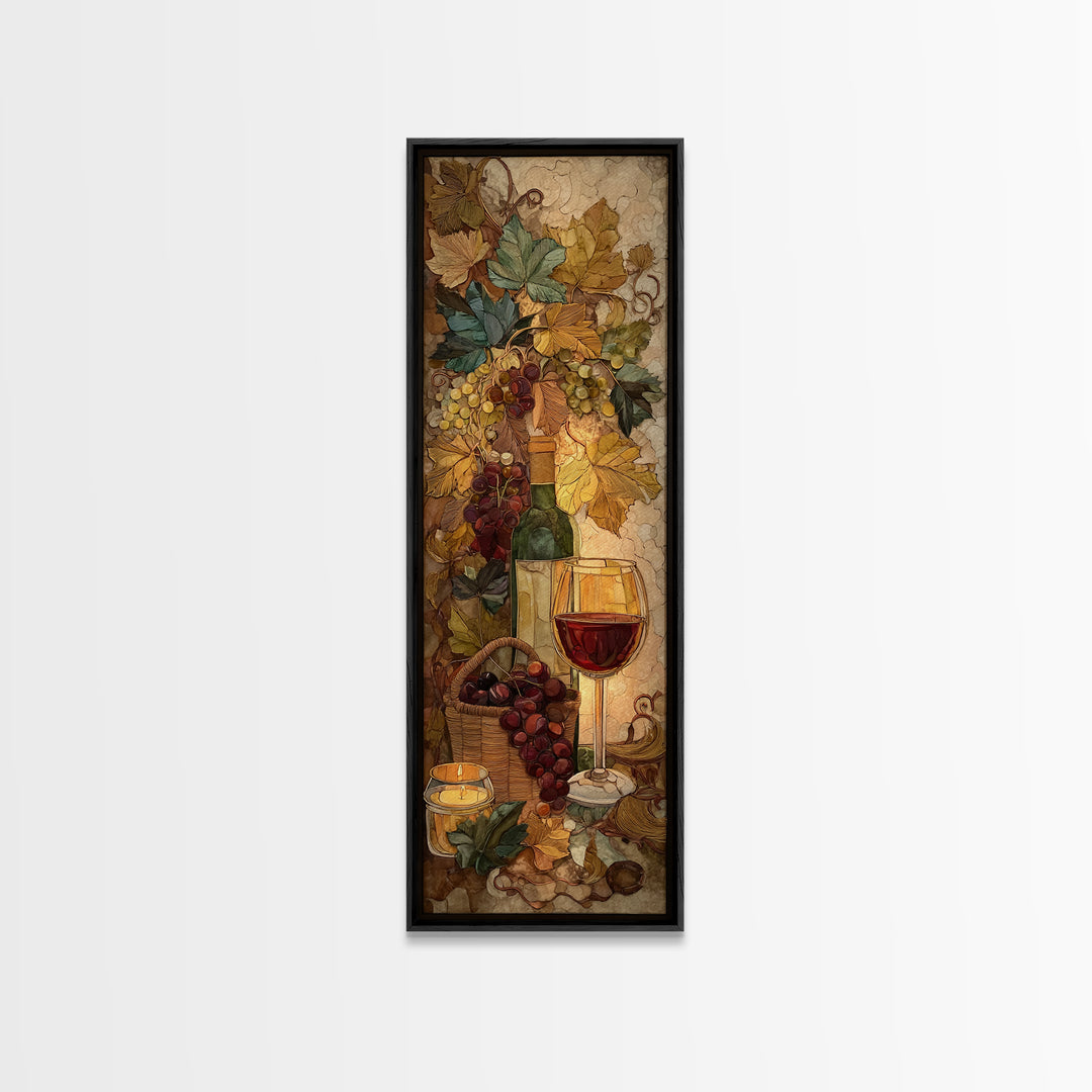 Wine Harvest Basket Framed Canvas Print, Winery Art, Cocktail Wall Art, Winery Decor, Watercolor Art, Vineyard, WIN-1x3-58