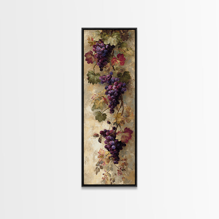 Grapevine Branch with Purple Grapes and Leaves Framed Canvas Print, Winery Art, Winery Decor, Watercolor Art, Vineyard, WIN-1x3-61