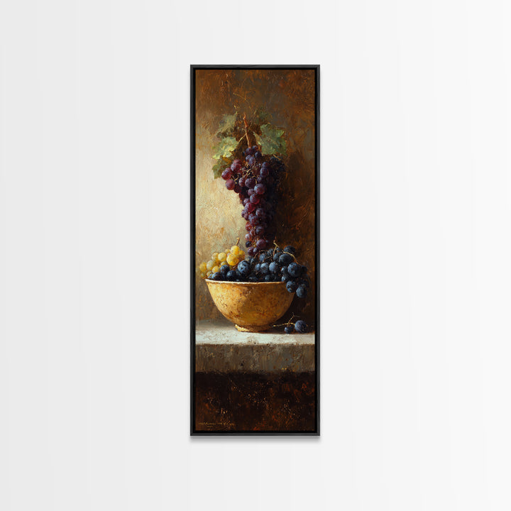 Grapes in a Ceramic Bowl with Shadows Framed Canvas Print, Winery Art, Wall Art, Winery Decor, Oil Painting, Vineyard, WIN-1x3-69
