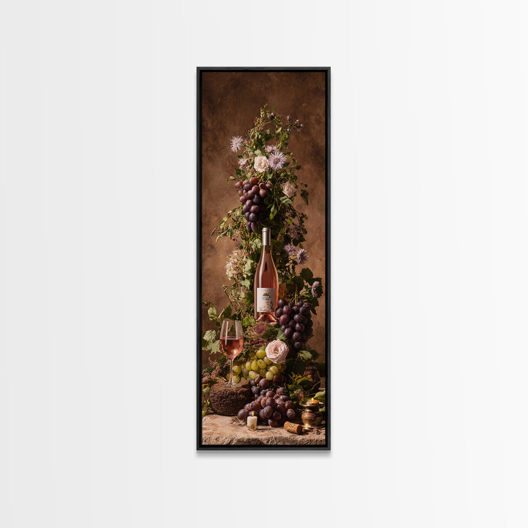 Ros Glass Beside Summer Flowers Framed Canvas Print, Winery Art, Fine Art Print, Winery Decor, Watercolor Art, Vineyard, WIN-1x3-74