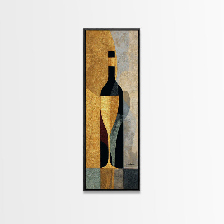 Black and Gold Wine Bottle Silhouette Framed Canvas Print, Winery Art, Kitchen Wall Decor, Winery Decor, Oil Painting, Vineyard, WIN-1x3-76