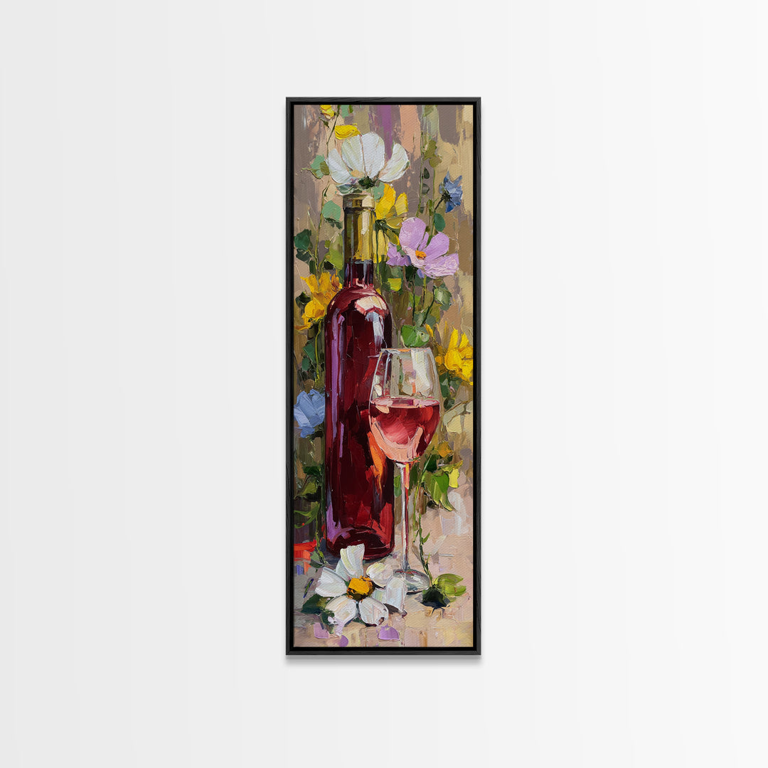Ros Glass Beside Summer Flowers Canvas Print, Winery Art, Textured Painting, Winery Decor, Fine Art, Vineyard, Oil Painting, WIN-1x3-98