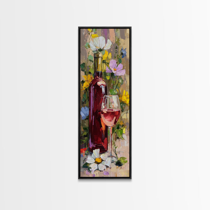 Ros Glass Beside Summer Flowers Canvas Print, Winery Art, Textured Painting, Winery Decor, Fine Art, Vineyard, Oil Painting, WIN-1x3-98