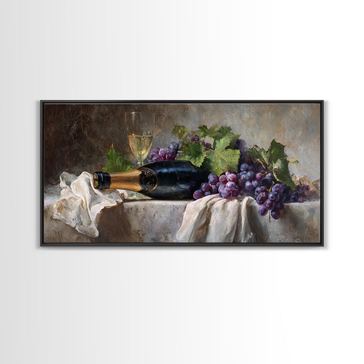 Champagne Grapes and White Linen Still Life Framed Canvas Print, Winery Art, Printable Wall Art, Winery Decor, Vineyard, WIN-2x1-1