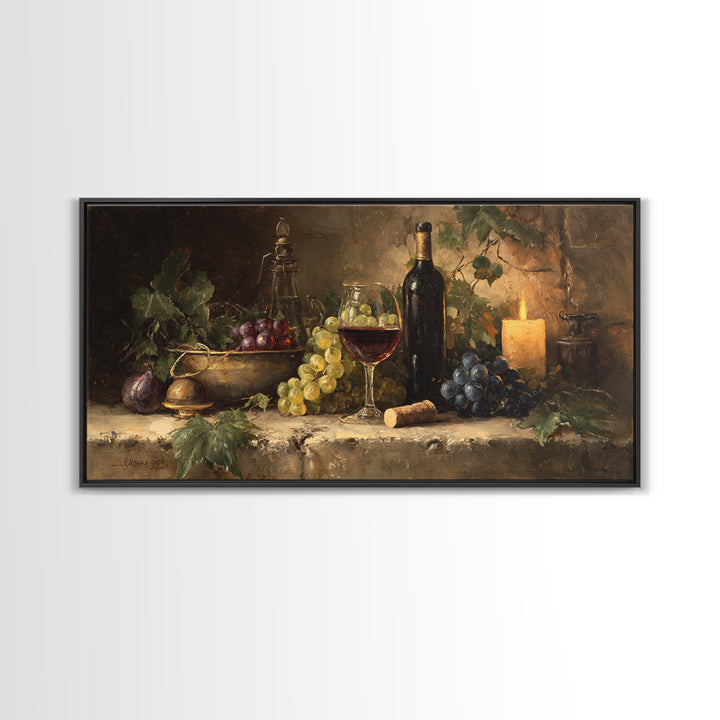 Olive Branch and Wine Glass Mediterranean Still Framed Canvas Print, Winery Art, Statement Artwork, Winery Decor, Vineyard, WIN-2x1-20