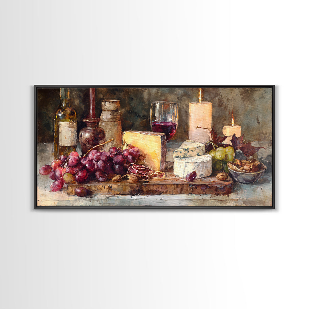 Charcuterie Board with Grapes and Cheese Framed Canvas Print, Winery Art, Painting, Winery Decor, Fine Art, Vineyard, WIN-2x1-33