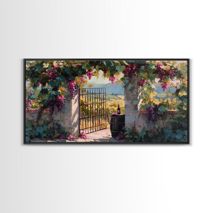 Vineyard Gate with Climbing Roses Framed Canvas Print, Winery Art, Wall Art, Winery Decor, Oil Painting, Vineyard, WIN-2x1-35
