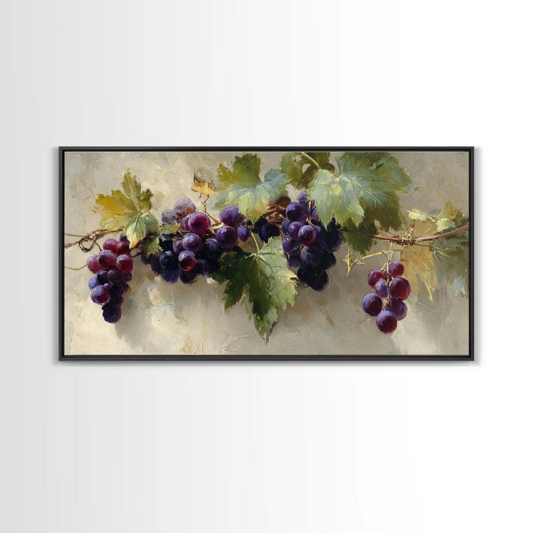 Grapevine Branch with Purple Grapes and Leaves Framed Canvas Print, Winery Art, Kitchen Wall Art, Winery Decor, Oil Painting, WIN-2x1-45