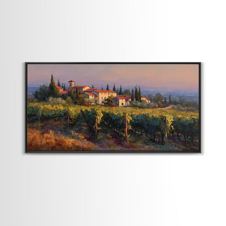 Tuscan Vineyard at Golden Hour Canvas Print, Winery Art, Farmhouse Decor, Winery Decor, Oil Painting, Vineyard, Bar Art, WIN-2x1-47