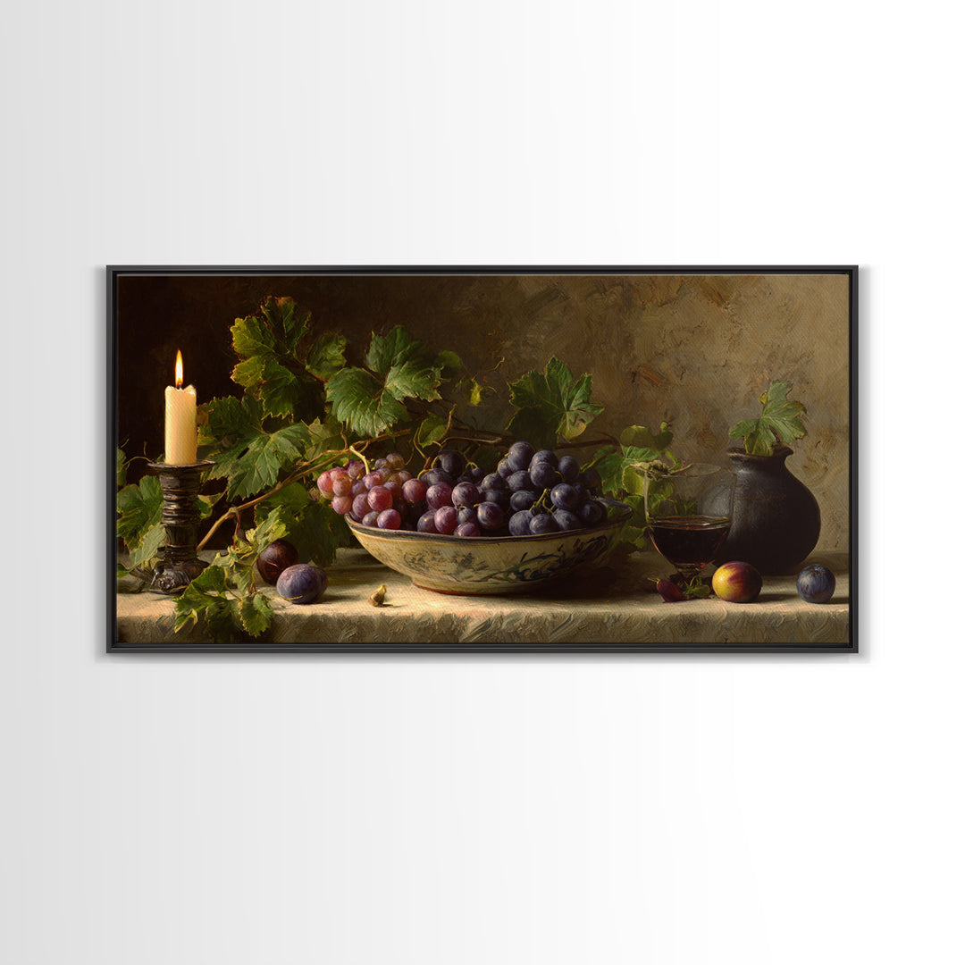 Grapes in a Ceramic Bowl with Shadows Framed Canvas Print, Winery Art, Oil Painting, Winery Decor, Watercolor Art, Vineyard, WIN-2x1-5