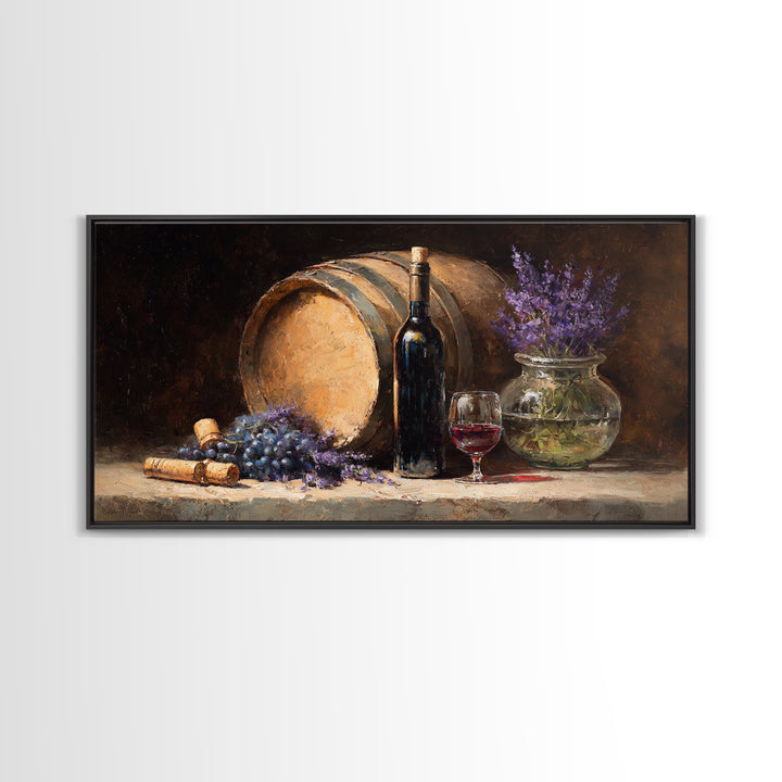 Wine Barrel with Lavender and Sunlight Framed Canvas Print, Winery Art, Wall Decor, Winery Decor, Fine Art, Vineyard, WIN-2x1-50