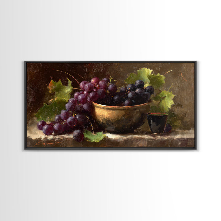 Grapes in a Ceramic Bowl with Shadows Canvas Print, Winery Art, Farmhouse Decor, Winery Decor, Oil Painting, Vineyard, WIN-2x1-53