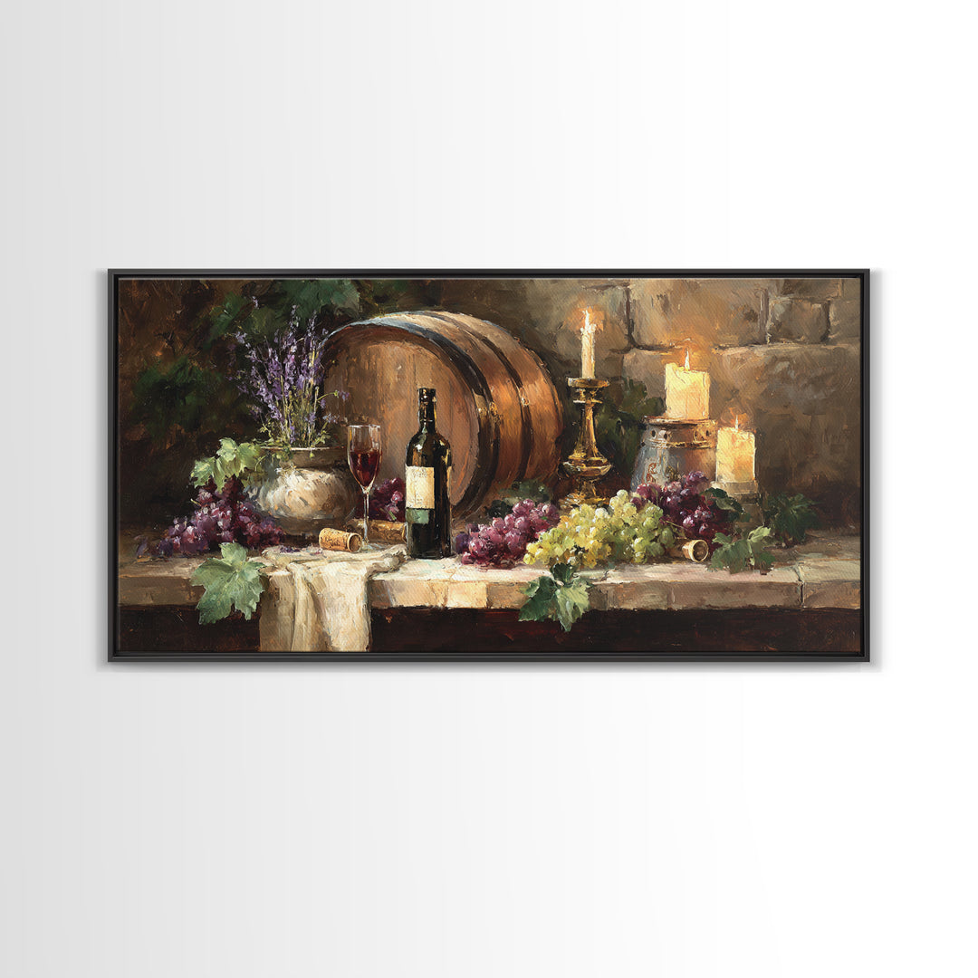 Wine Barrel with Lavender and Sunlight Canvas Print, Winery Art, Oil Painting, Winery Decor, Watercolor Art, Vineyard, WIN-2x1-74