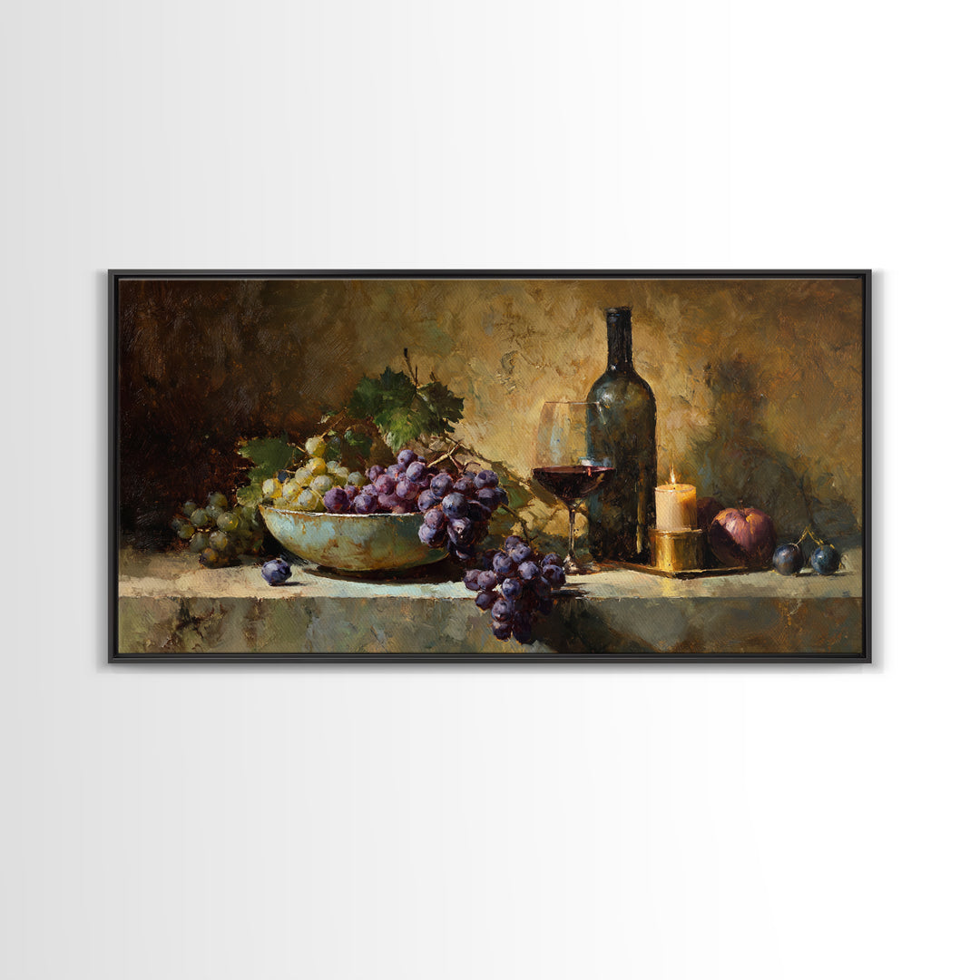 Grapes in a Ceramic Bowl with Shadows Canvas Print, Winery Art, Farmhouse Decor, Winery Decor, Oil Painting, Vineyard, WIN-2x1-77
